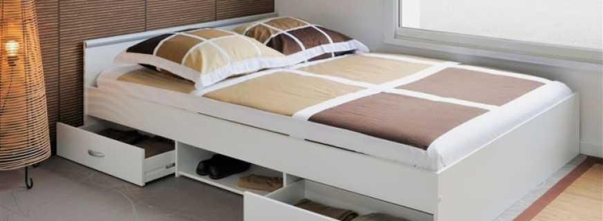 Katil-katil double yang sedia ada dengan laci untuk penyimpanan, fungsi dan ciri-ciri mereka