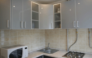 Panoramica di mobili da cucina angolari, viste e disegni dimensionali